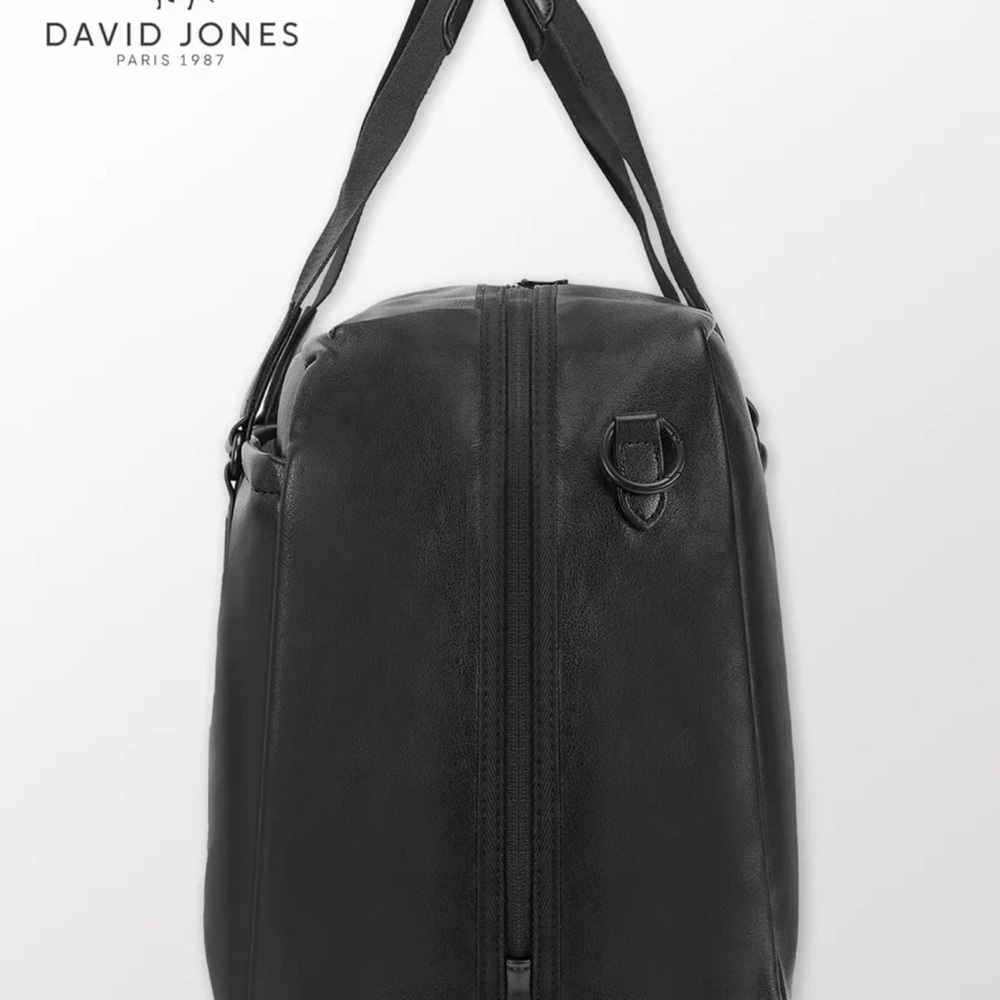 David Jones Black Leather Travel Duffle Bag Gym Weekender 20x11x9 in - Picture 9 of 12